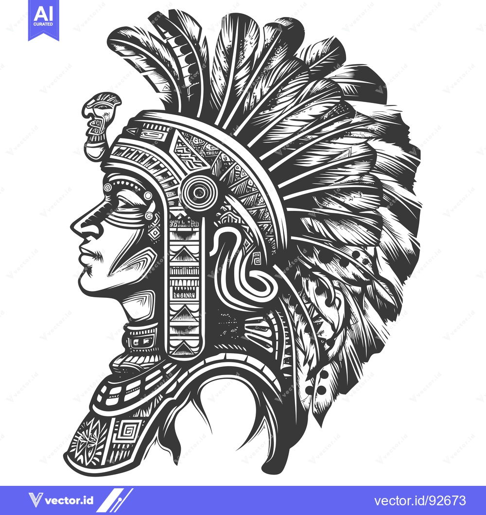 Premium Vector dari Profile of an Aztec Warrior with Elaborate Headdress