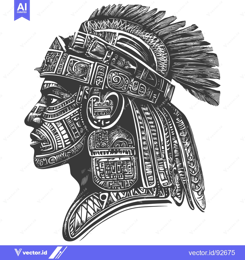 Premium Vector of Profile of an Aztec Warrior with Elaborate Headpiece and Facial Decora