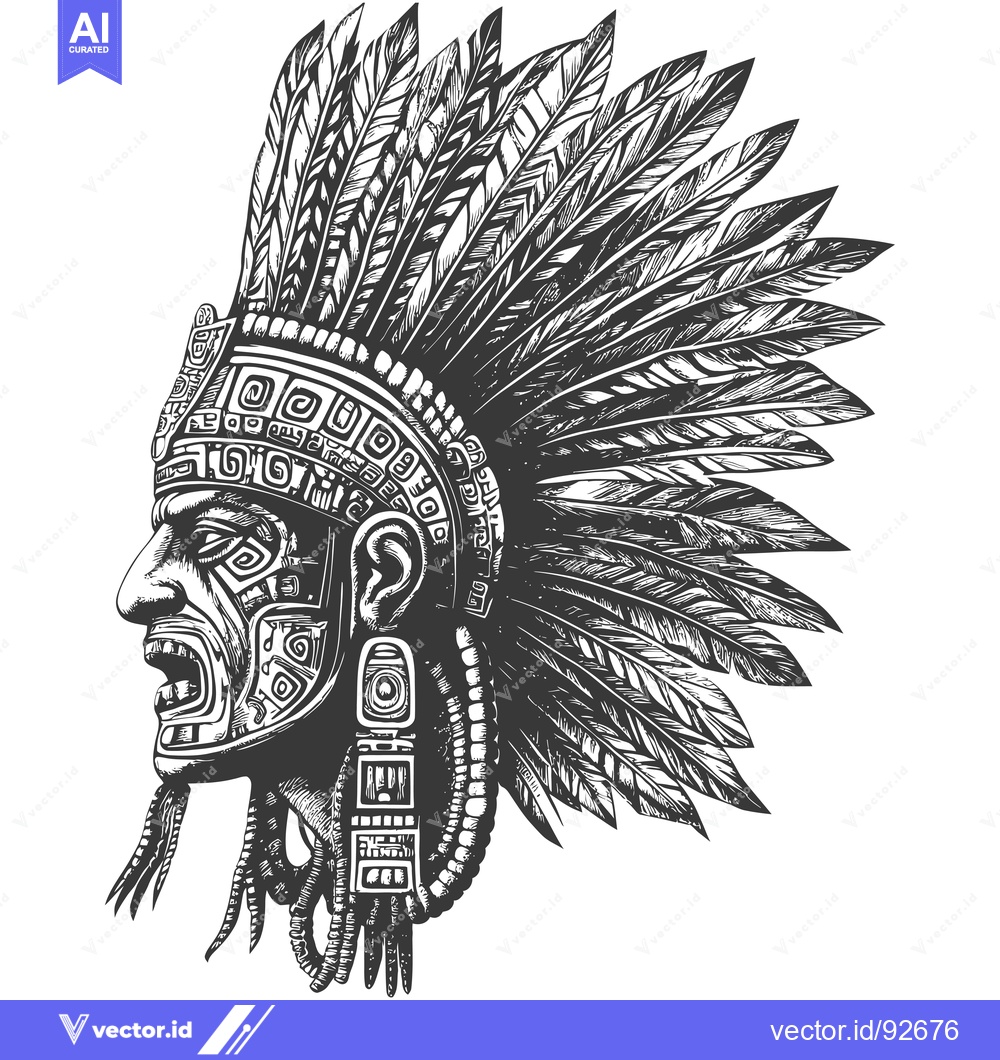 Premium Vector dari Profile of an Aztec Warrior with Elaborate Headress and Facial Designs