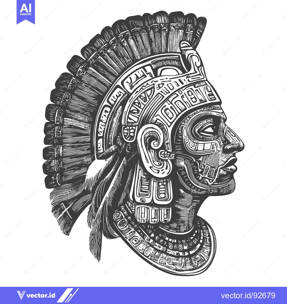 Premium Vector dari Profile of an Aztec Warrior with Intricate Headwear