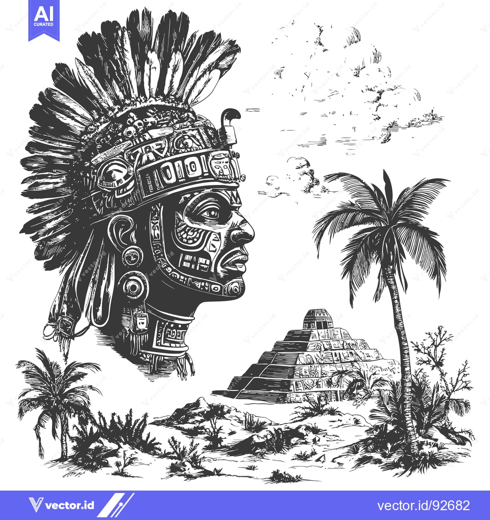 Premium Vector dari Profile of an Indigenous Person in a Feathered Headdress with a Pyrami