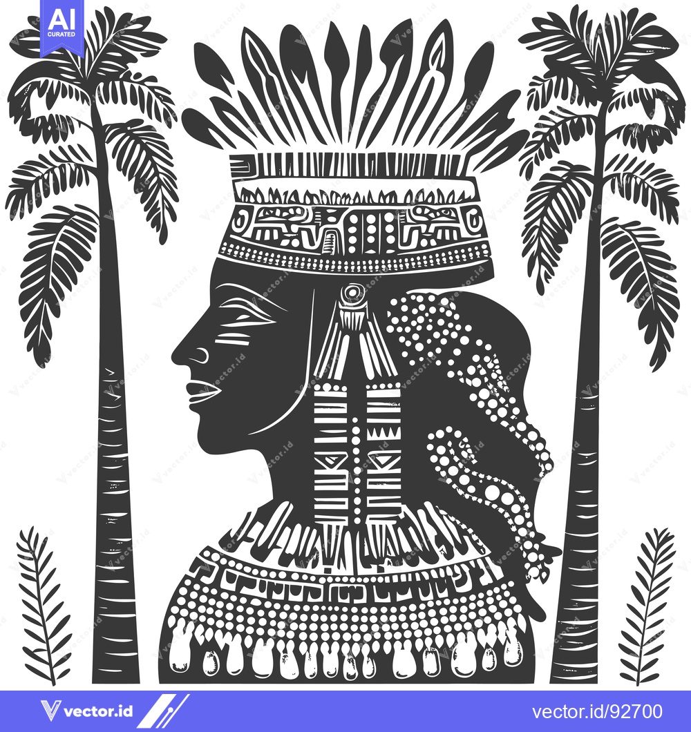 Premium Vector dari Profile of a Woman with Elaborate Headdress and Jewelry, Flanked by Pa