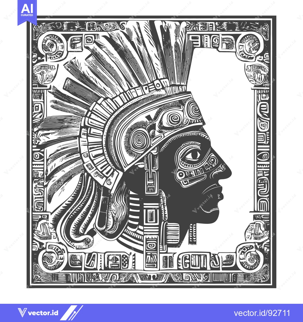 Premium Vector dari Profile Portrait of a Mayan Figure with Ornate Headwear