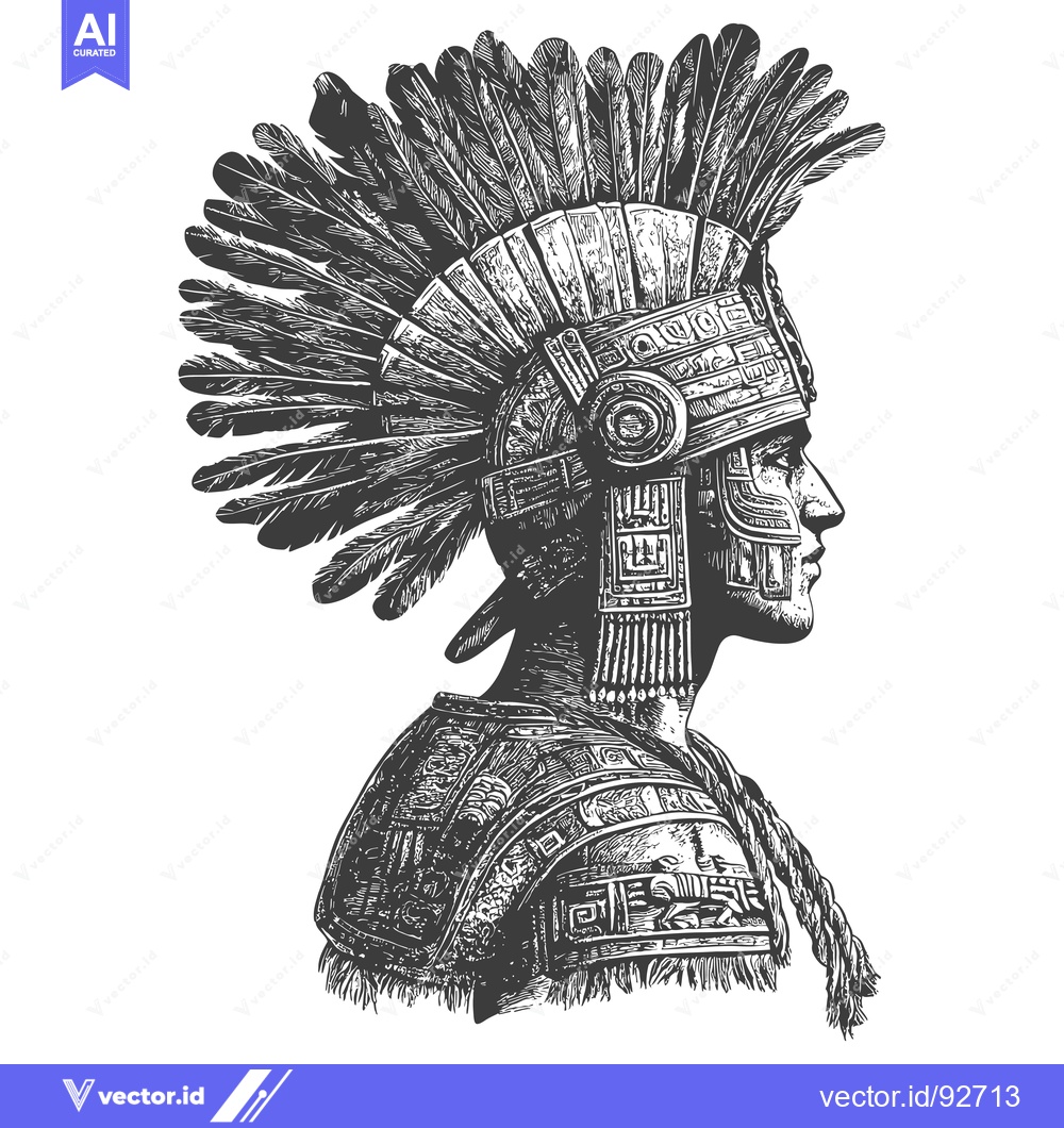 Premium Vector dari Profile Portrait of an Aztec Warrior with Elaborate Headwear and Armor