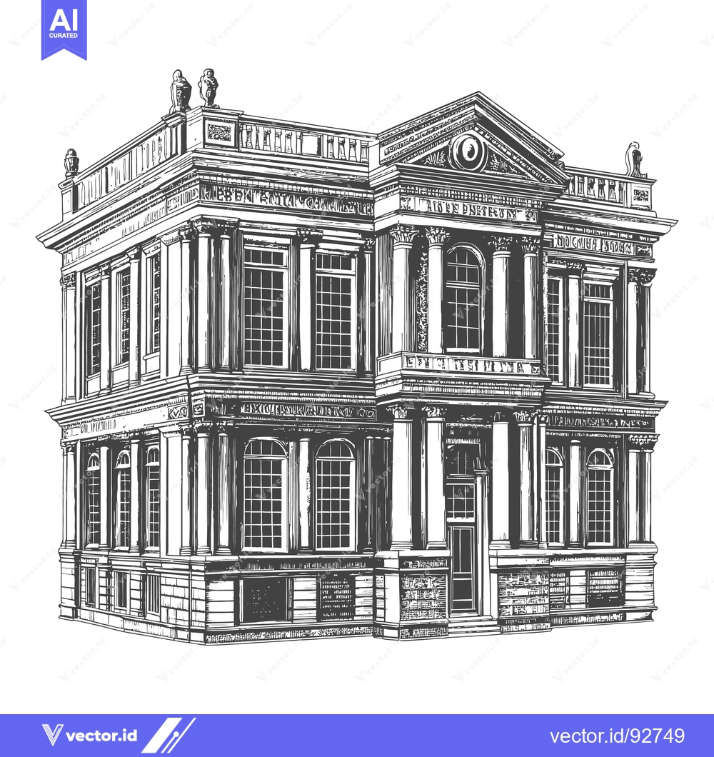 Premium Vector of A detailed black and white illustration depicts a classical architectu