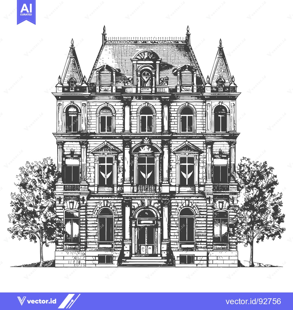 Premium Vector of An elaborate and symmetrical sketch of a large stately mansion