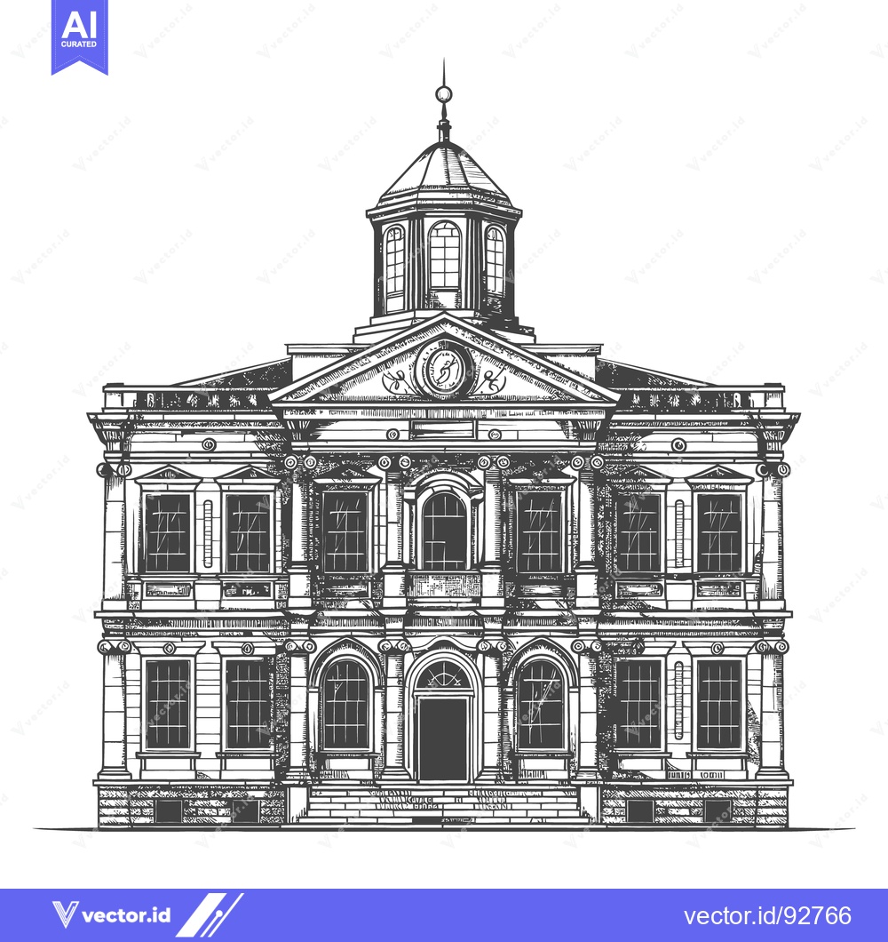 Premium Vector of Detailed black and white architectural illustration of a grand buildin