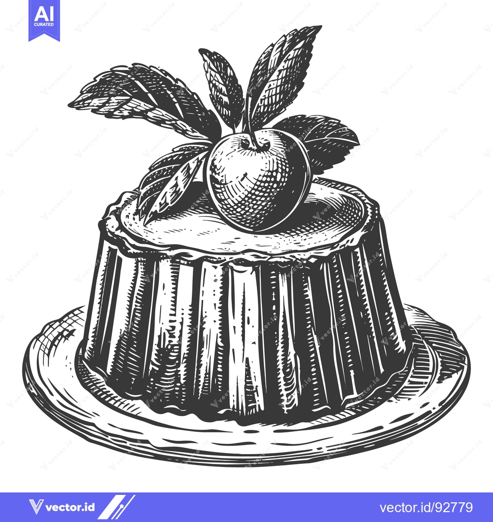 Premium Vector dari Engraved Illustration Depicts Dessert Topped with Apple and Leaves