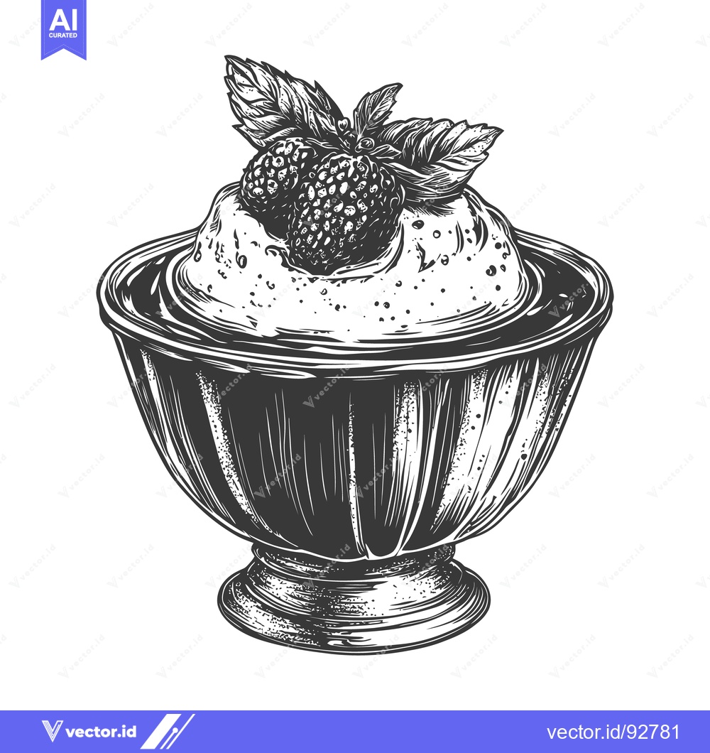 Premium Vector of Delicious dessert served with fruit and mint leaves in a glass bowl