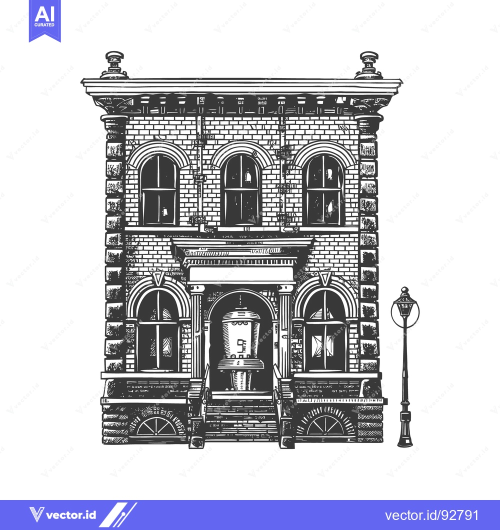 Premium Vector of Detailed vintage illustration depicts a brick building and streetlight