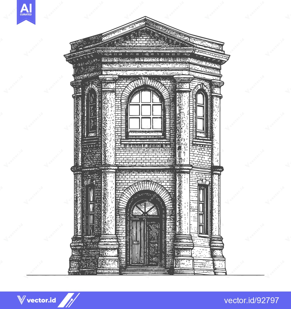 Premium Vector of Detailed black and white illustration depicts a historic brick buildin