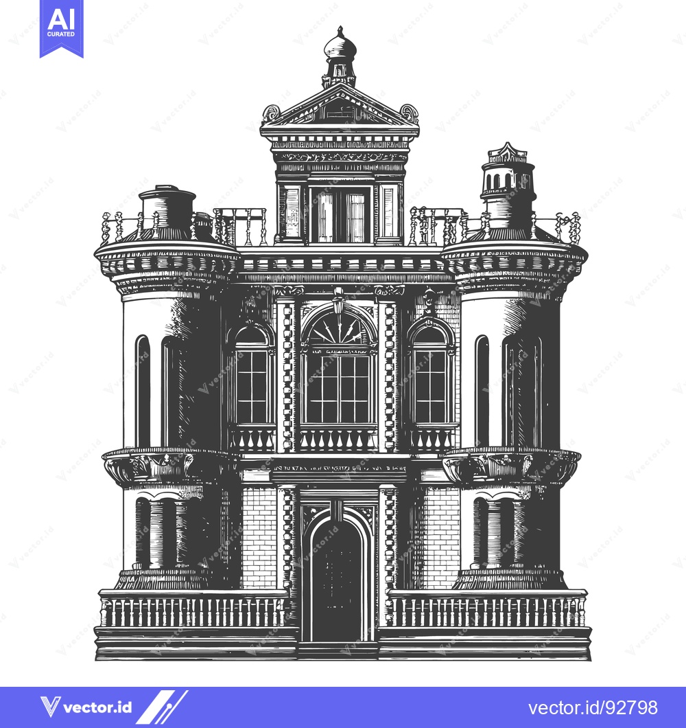 Premium Vector of A detailed black and white drawing of a grand house