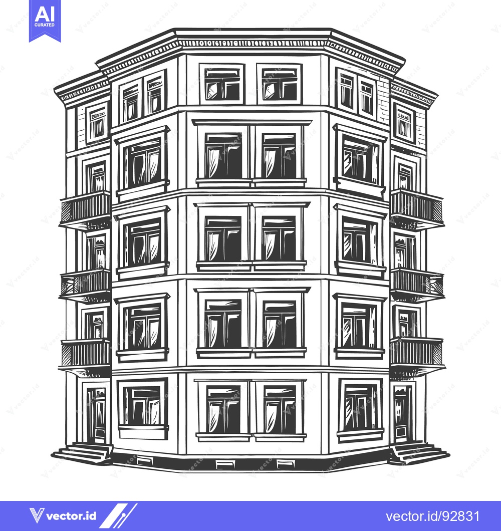Premium Vector of Detailed illustration of a large multi story corner building facade
