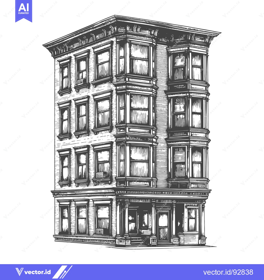 Premium Vector of Detailed grayscale illustration depicting a classic urban apartment bu