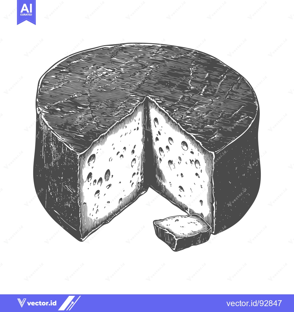 Premium Vector dari A detailed monochrome illustration of a round cheese wheel cut