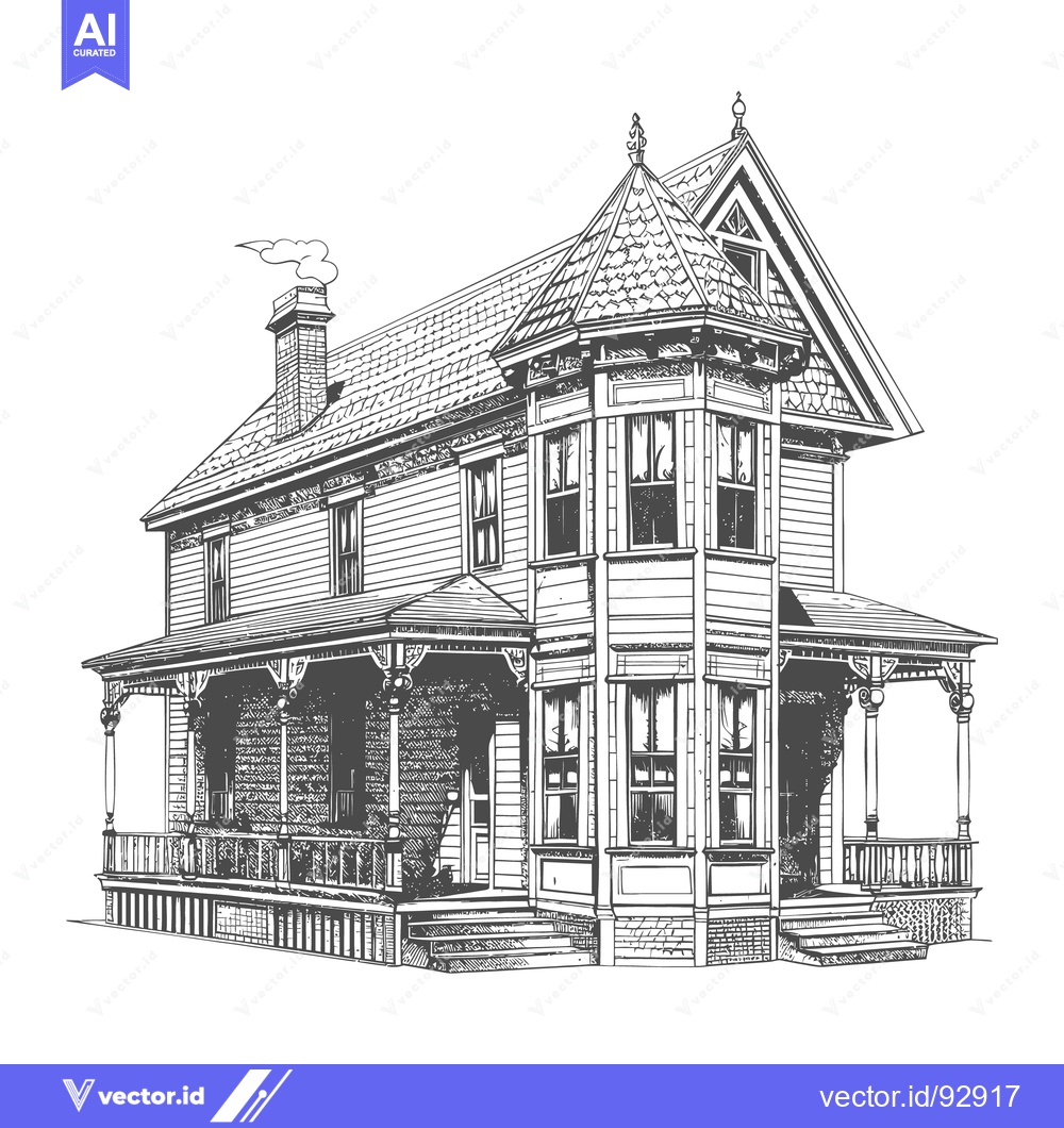 Premium Vector dari Detailed line drawing depicts a classic Victorian style home structure