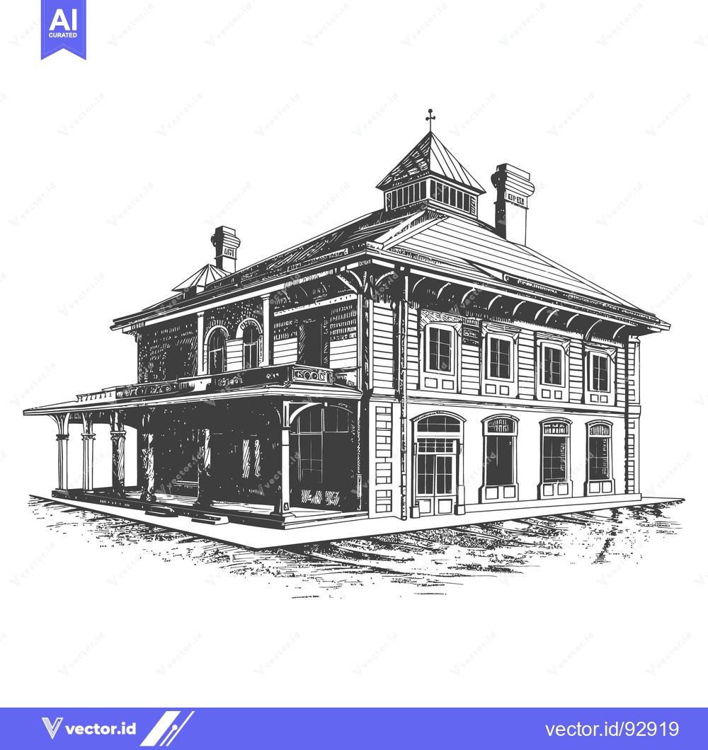 Premium Vector dari An old detailed drawing of a two story building