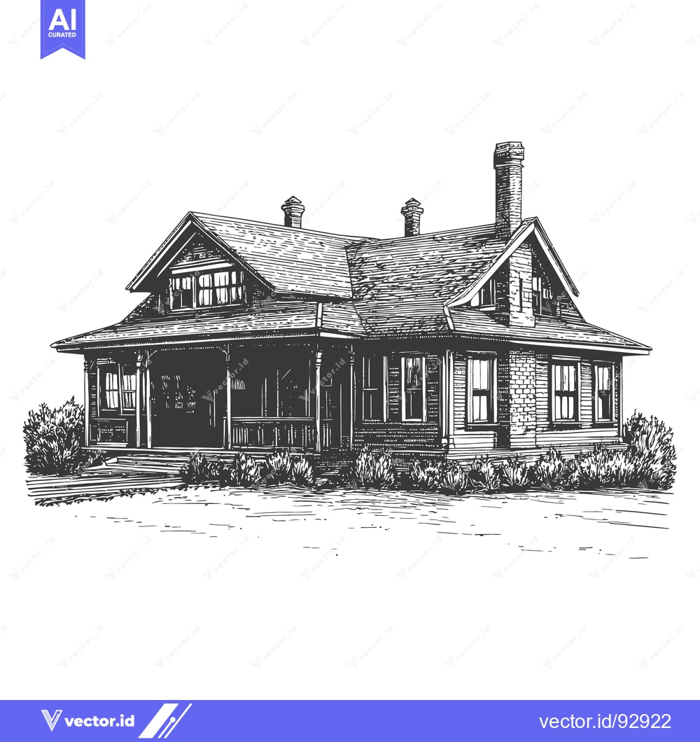 Premium Vector of A detailed ink illustration depicts a vintage house with a porch