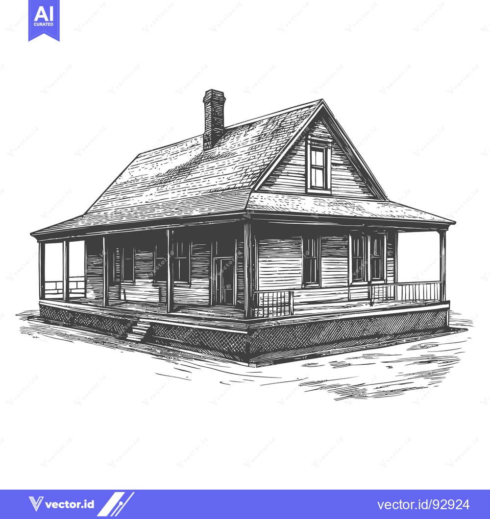 Premium Vector dari A detailed black and white illustration of a classic wooden house