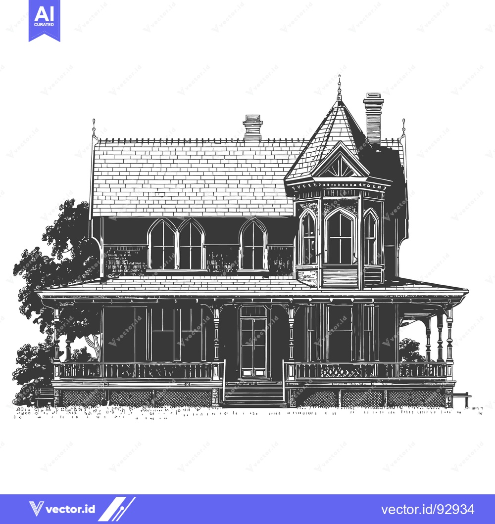 Premium Vector dari Detailed illustration of a large Victorian house with complex architec