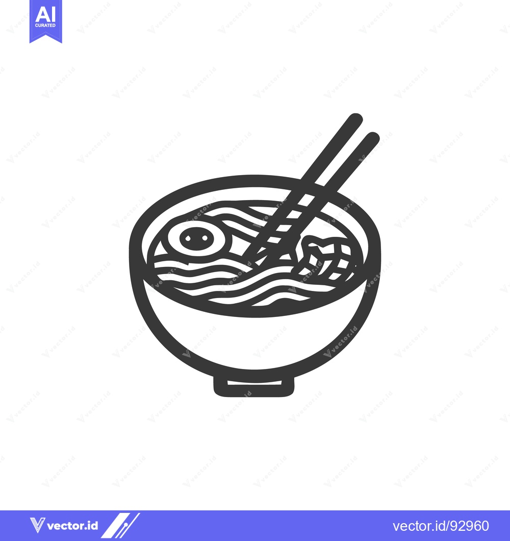 Premium Vector dari Minimalist Ramen Bowl Icon with Egg and Chopsticks, Black Outline on W
