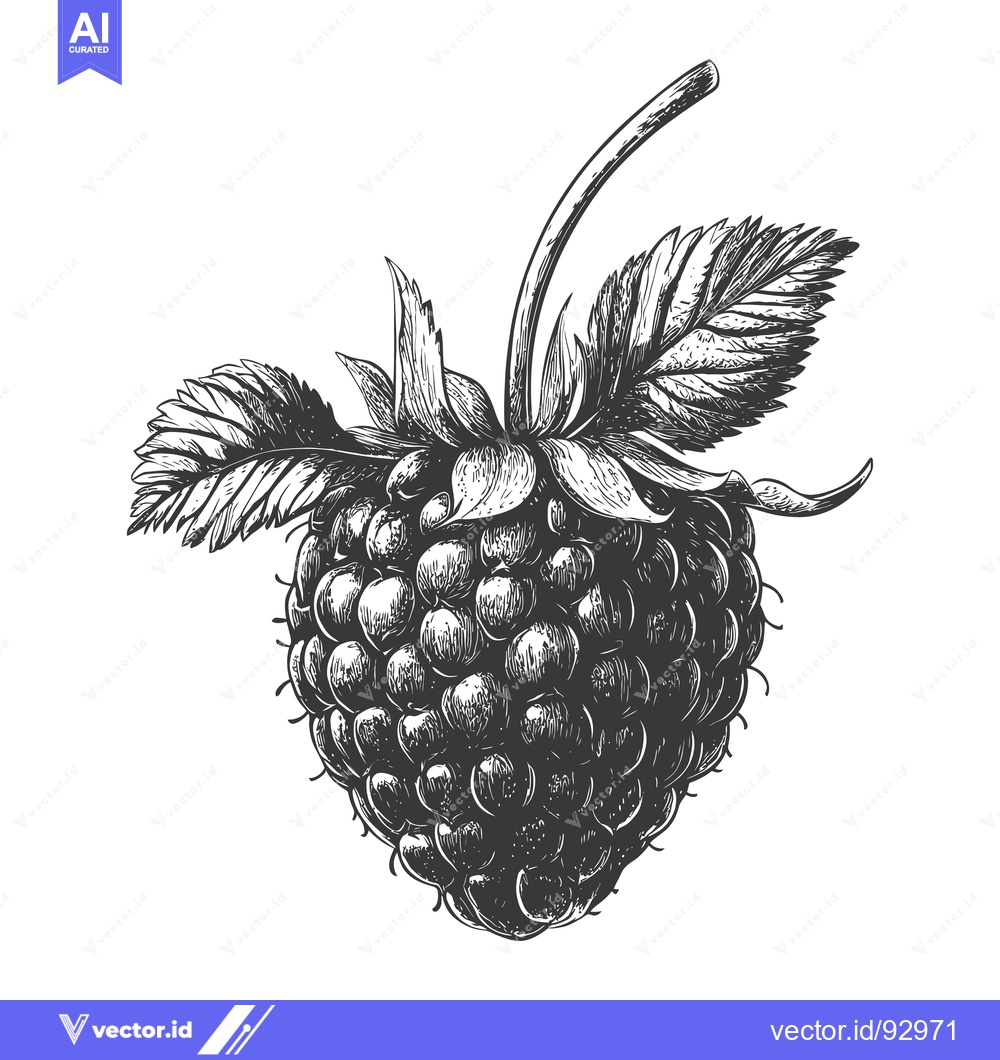 Premium Vector of Detailed black and white illustration of a ripe raspberry plant