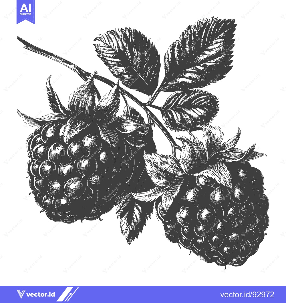 Premium Vector dari Detailed black and white illustration of two ripe blackberries on bran