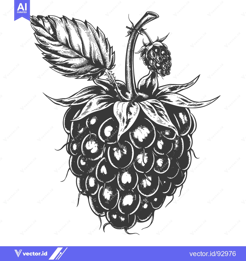 Premium Vector of A detailed botanical illustration of ripe raspberries and leaves