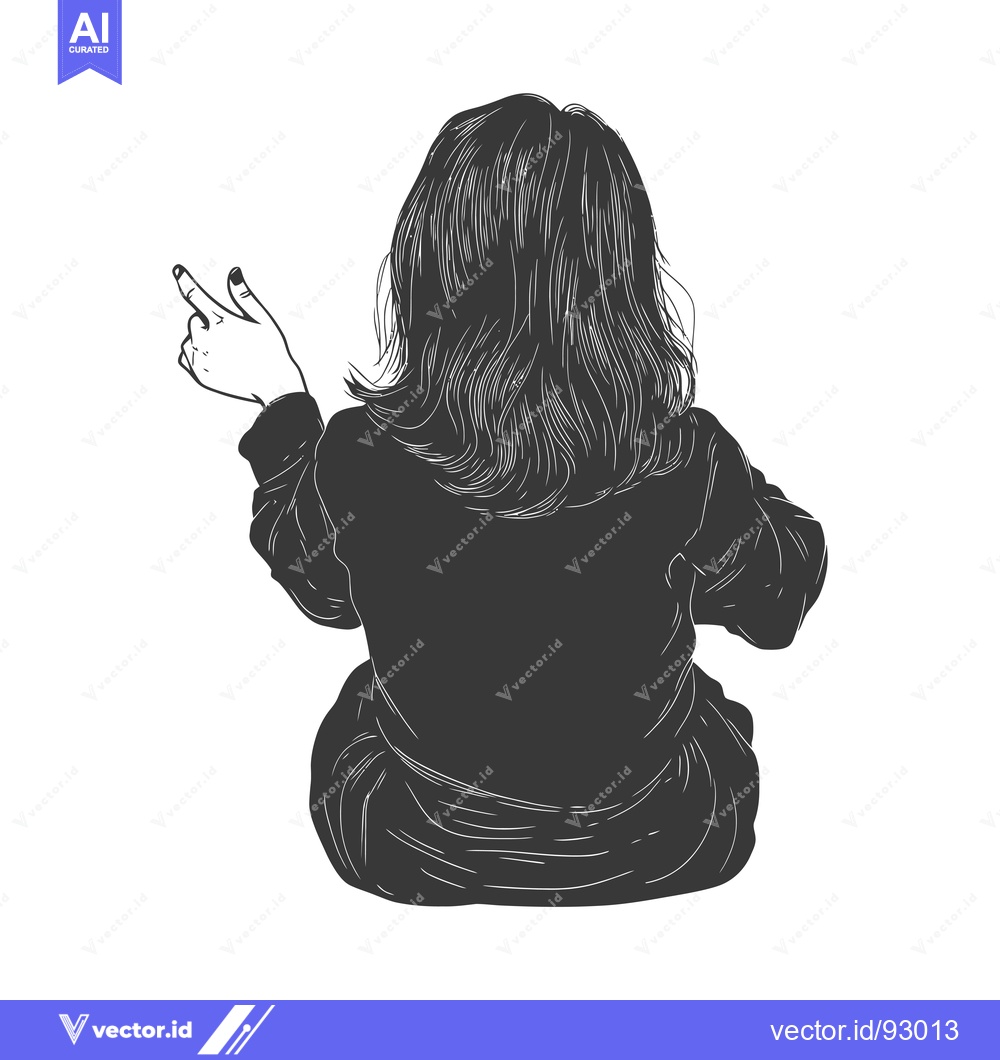 Premium Vector of Rear View of a Girl With Long Hair, Pointing Upwards