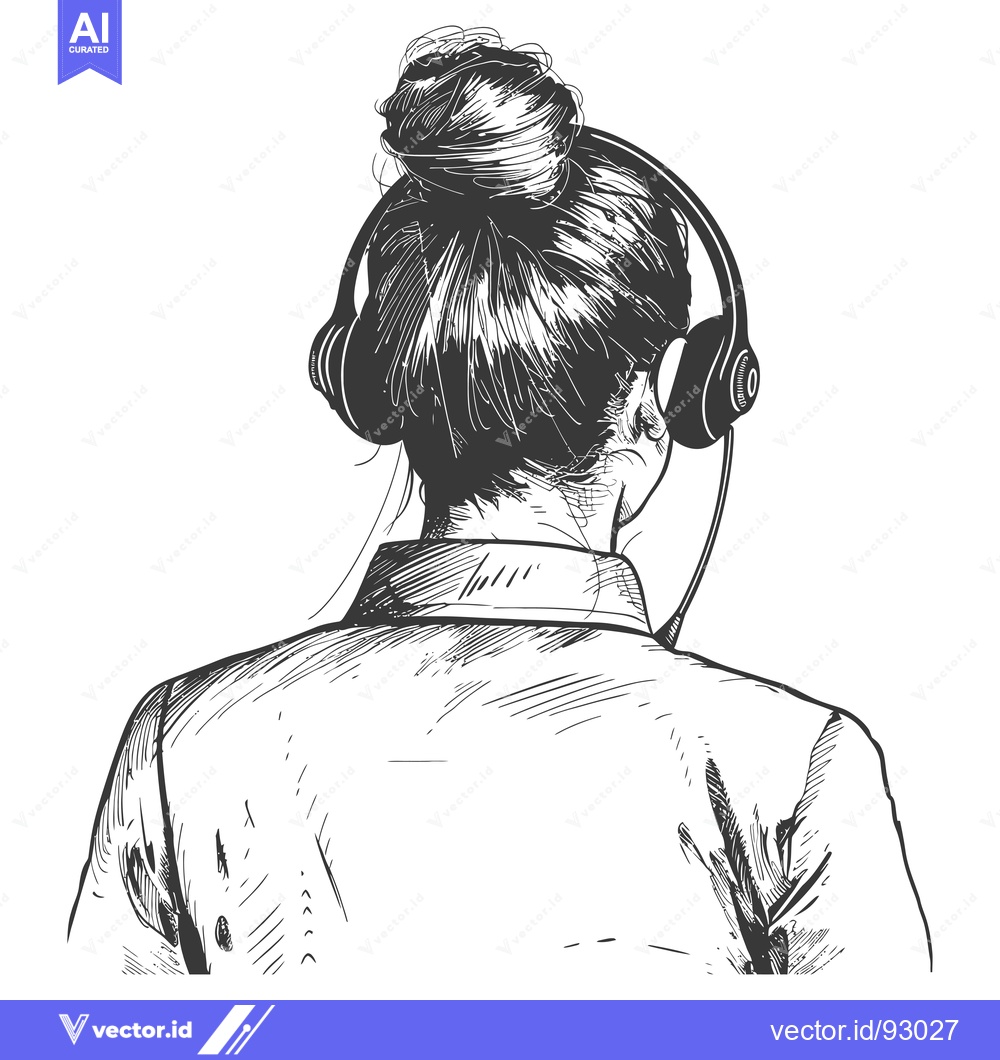 Premium Vector of Rear View Sketch of a Woman with Headphones and a Bun