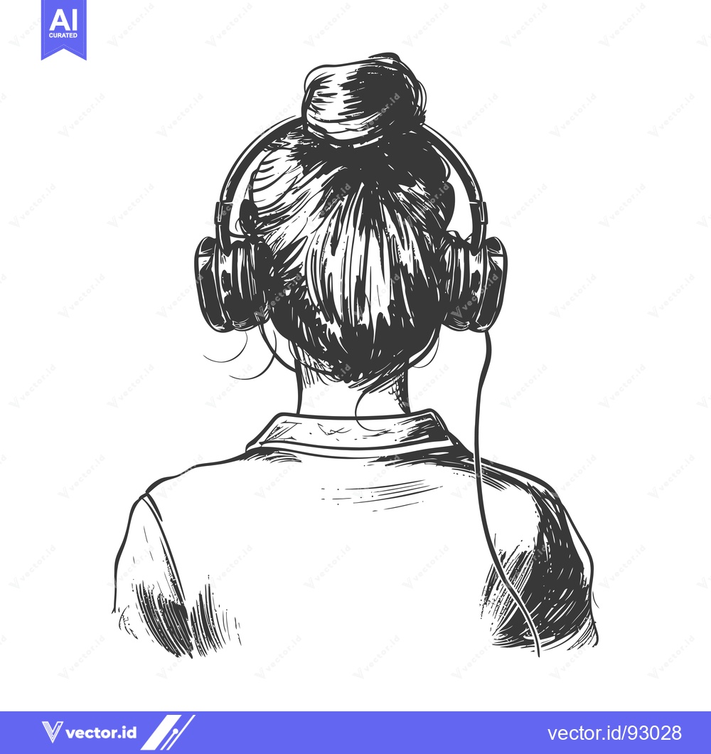 Premium Vector dari Rear View Sketch of a Woman with Headphones and Bun
