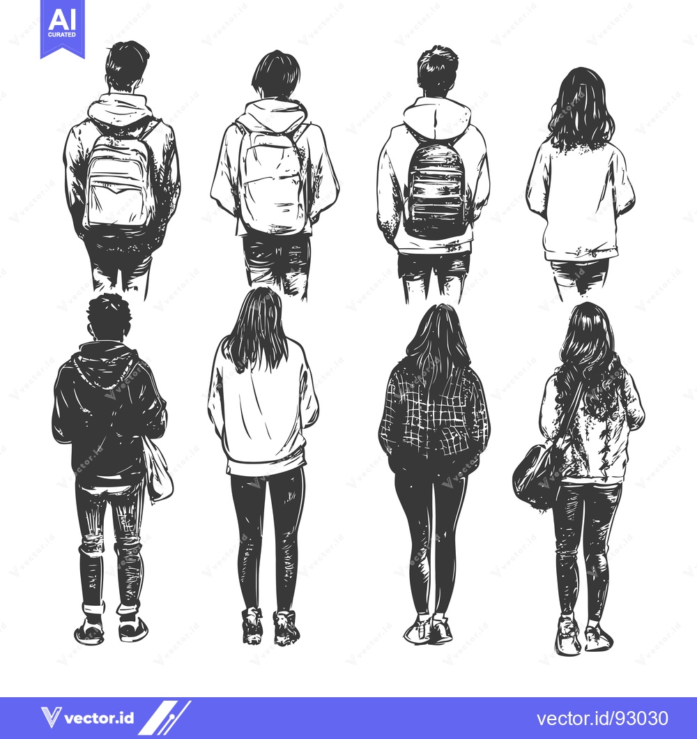 Premium Vector dari Rear View Sketch of Eight People Standing in Line