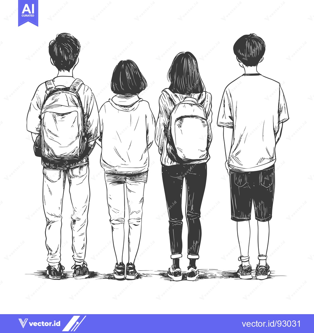 Premium Vector of Rear View Sketch of Four Teenagers with Backpacks