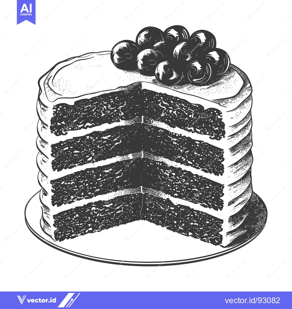 Premium Vector dari A layered cake slice topped with several dark fruits on a plate