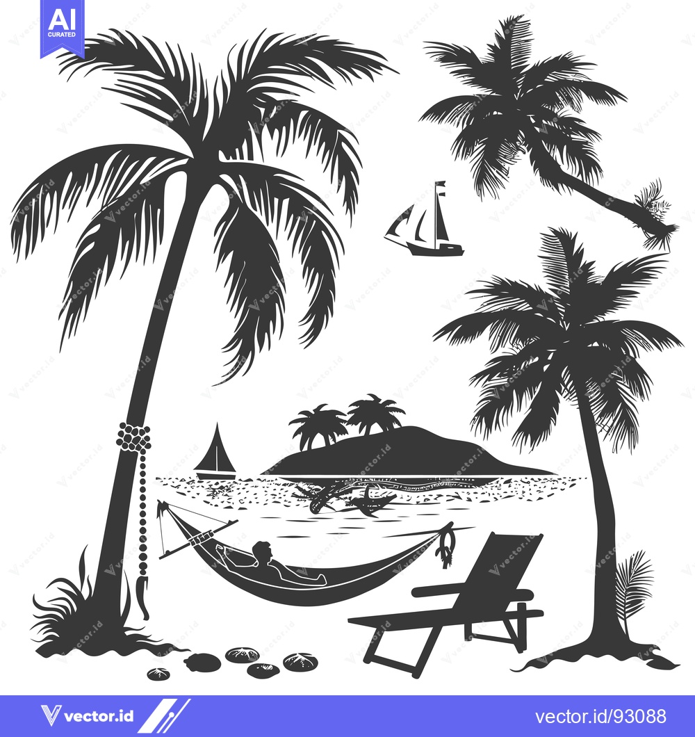 Premium Vector dari Relaxation on a Tropical Beach with Palm Trees, Hammock, and a Lounger