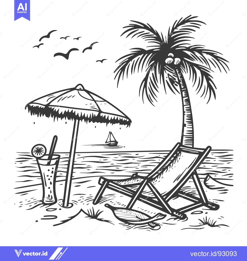 Premium Vector of Relaxing Beach Scene with Palm Tree, Lounge Chair, and Cocktail