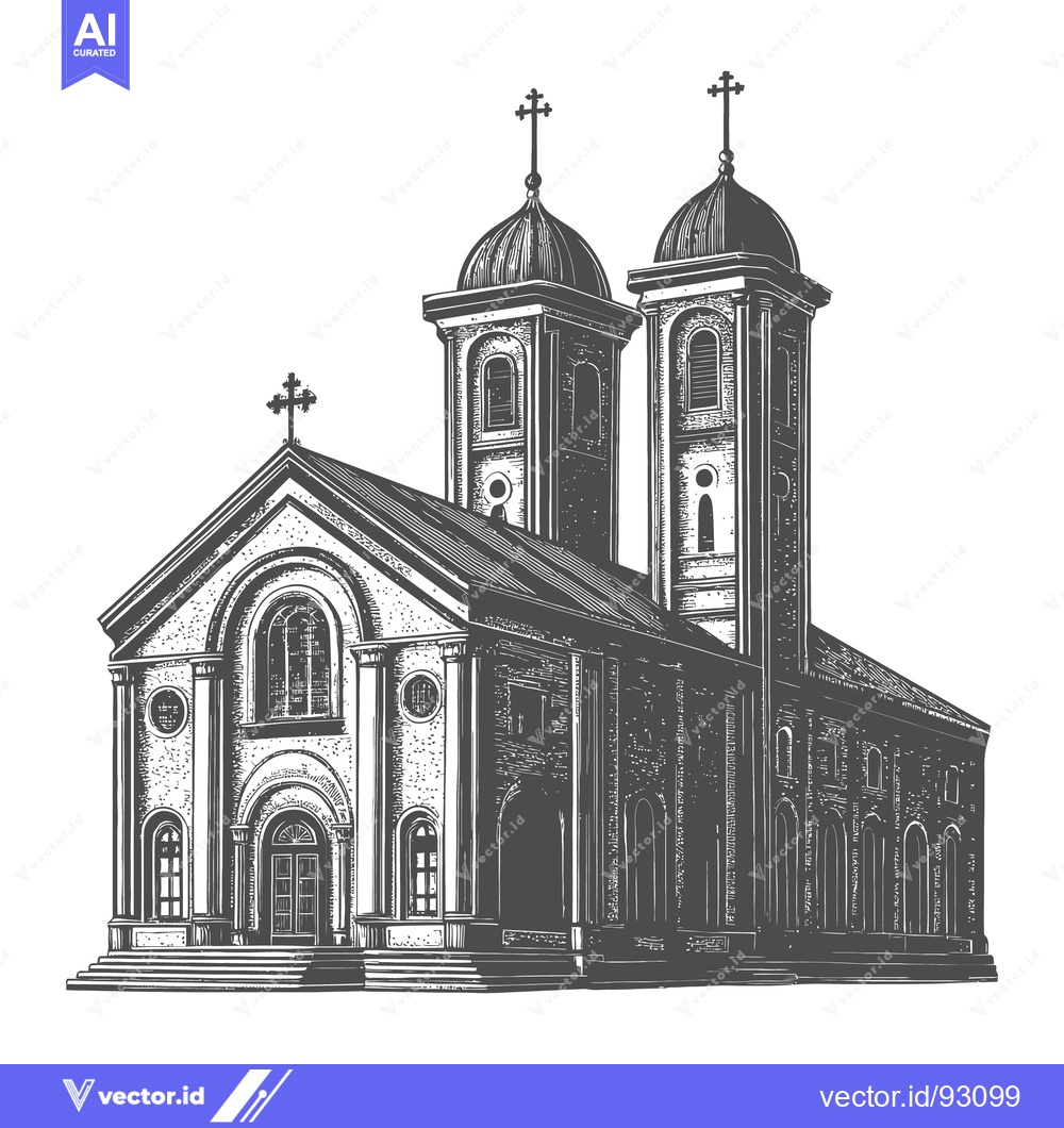 Premium Vector dari Detailed drawing of a church with two towering steeples and crosses