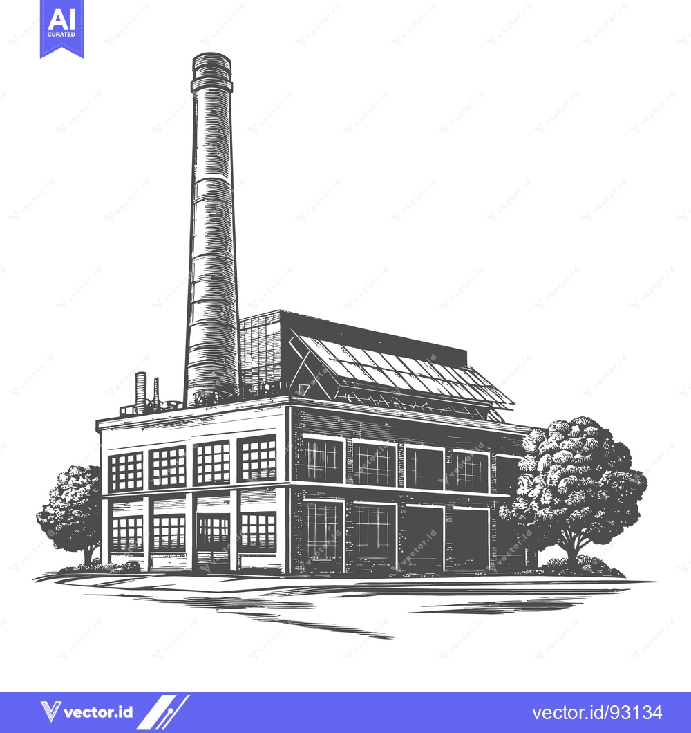 Premium Vector of An industrial factory with a tall chimney and trees surrounding it