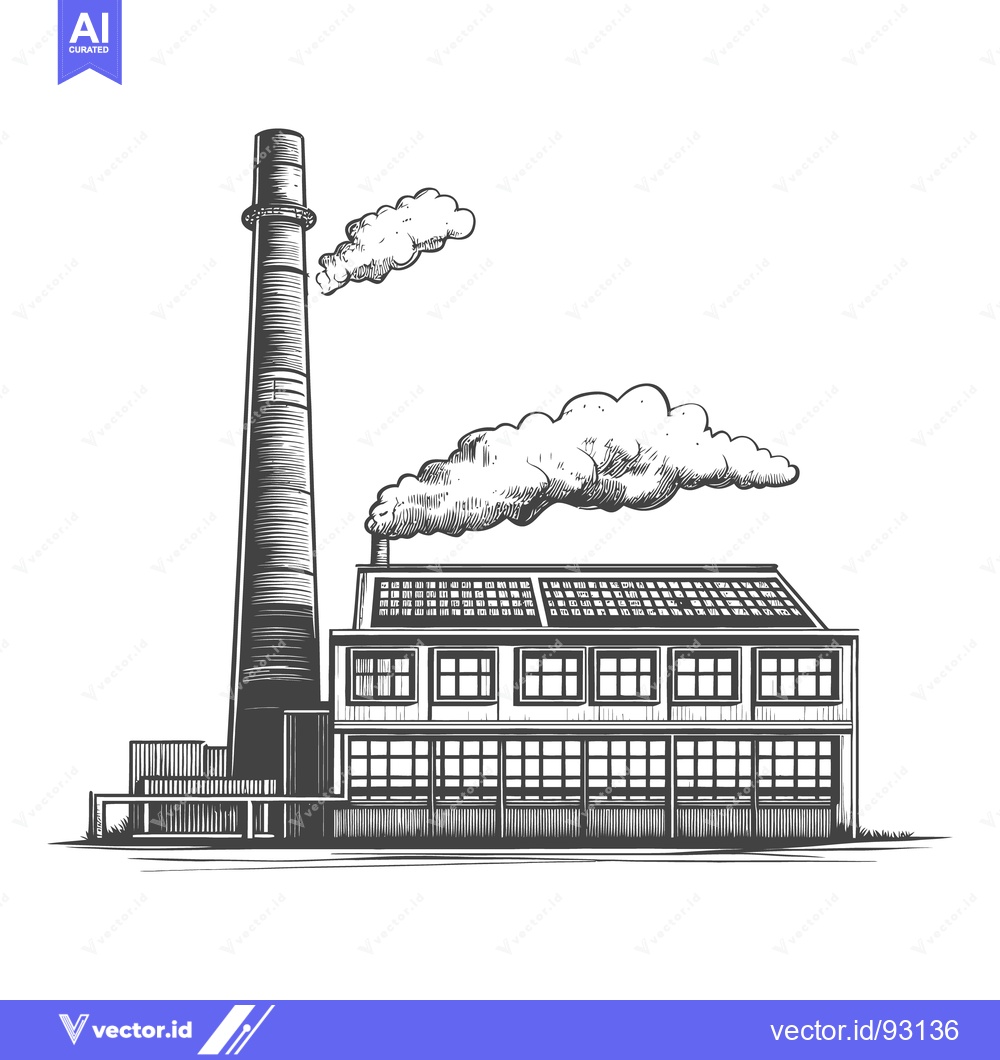 Premium Vector of A detailed monochrome drawing of an industrial factory building