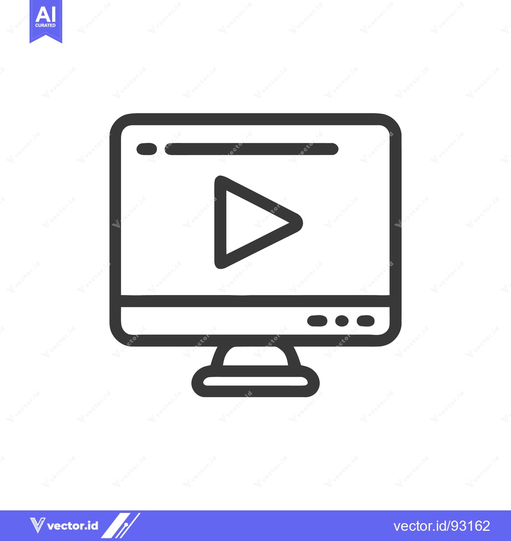 Premium Vector of Minimalist Monitor Icon with Play Button, Dark Gray Outline on White B