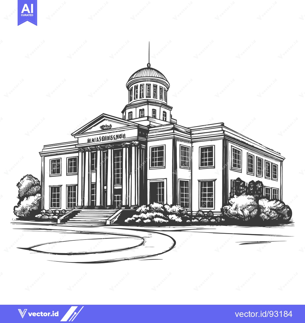 Premium Vector dari Classical Building With Columns and a Dome in a Line Drawing