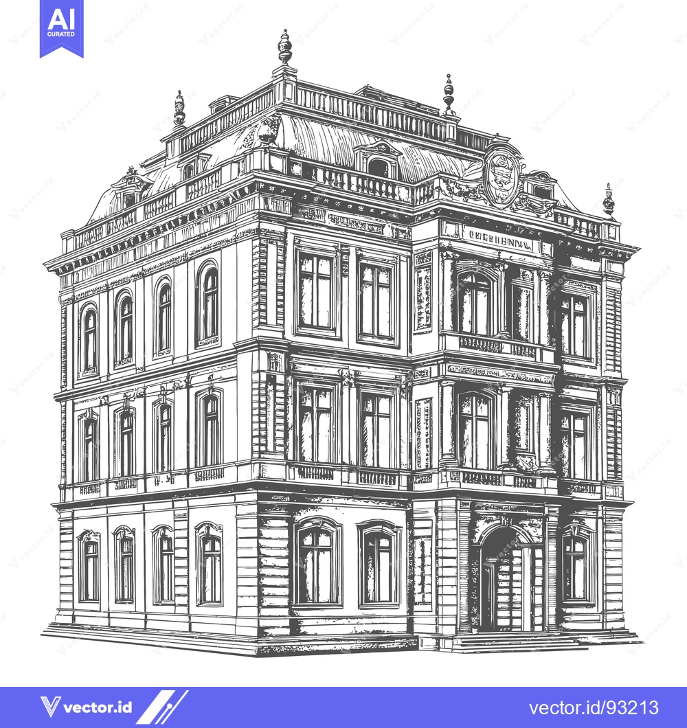 Premium Vector of A detailed grayscale line art drawing depicting a stately building