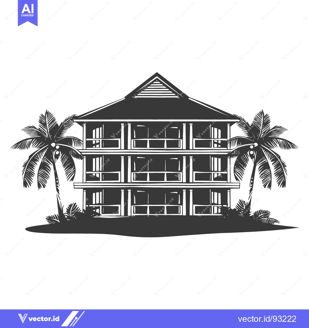 Premium Vector dari A three story building flanked by two palm trees on the landscape
