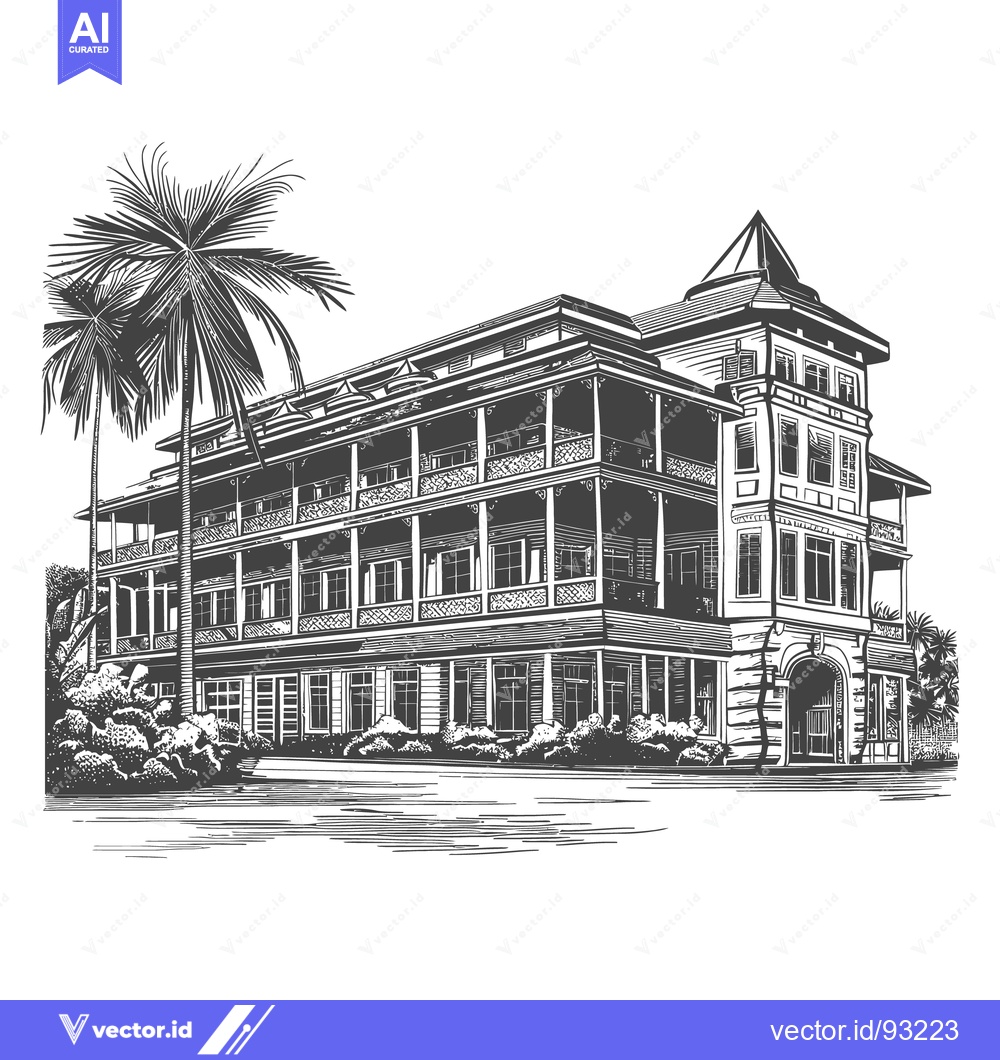 Premium Vector of A Large Building With Palm Trees Is Displayed In Ink Drawing