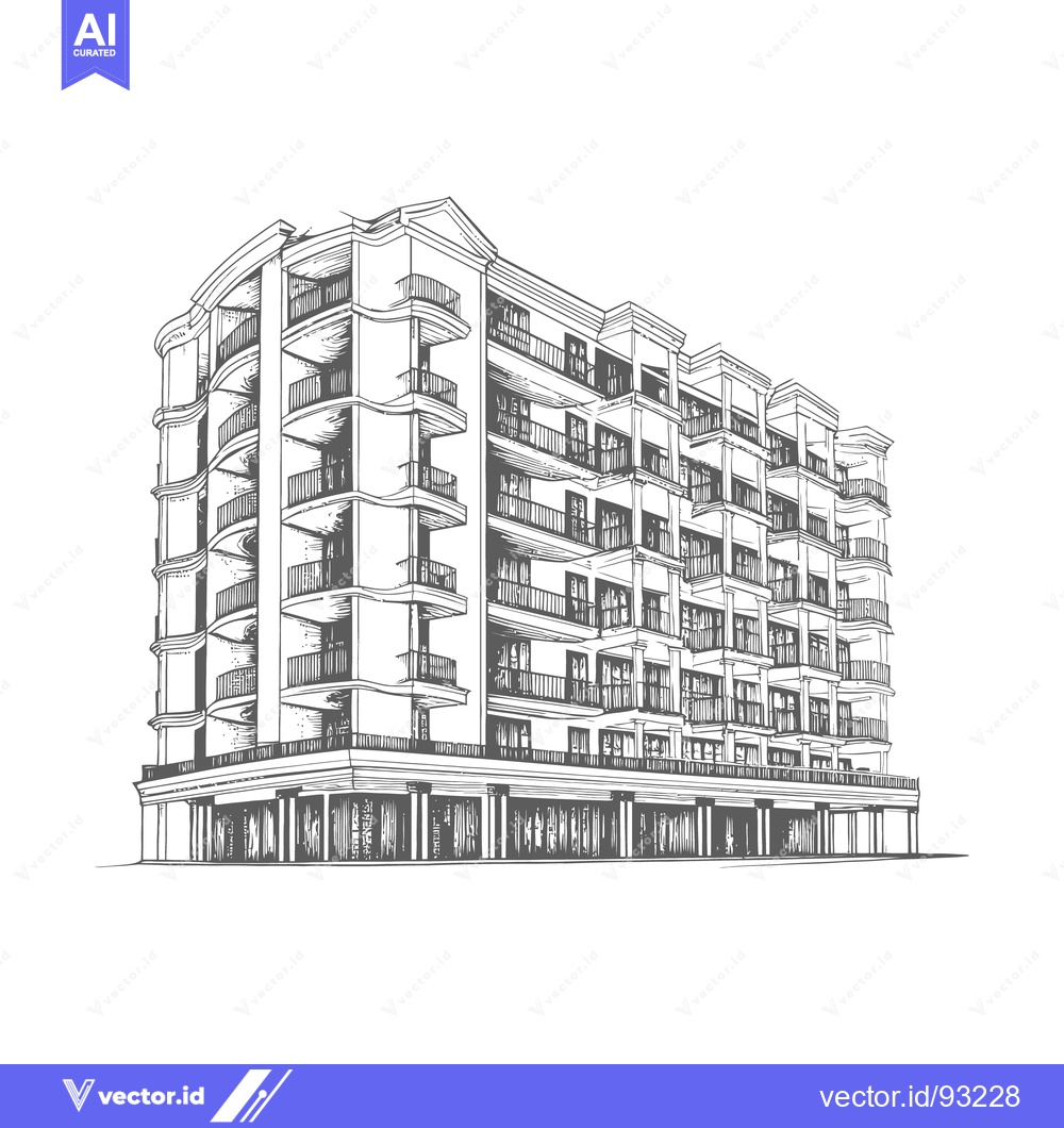Premium Vector of Detailed hand drawn architectural building illustration with many balc