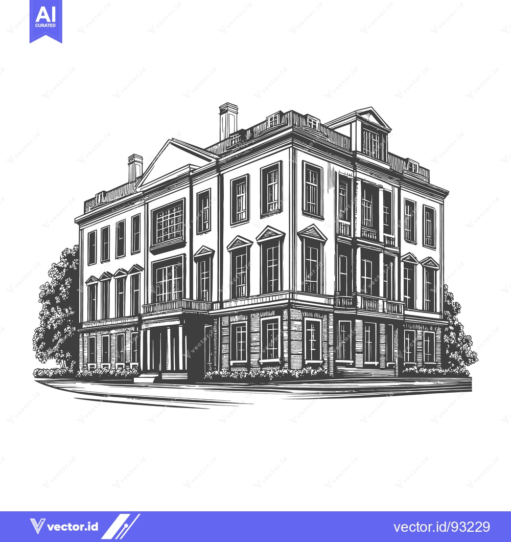 Premium Vector of Detailed black and white architectural illustration of a large stately