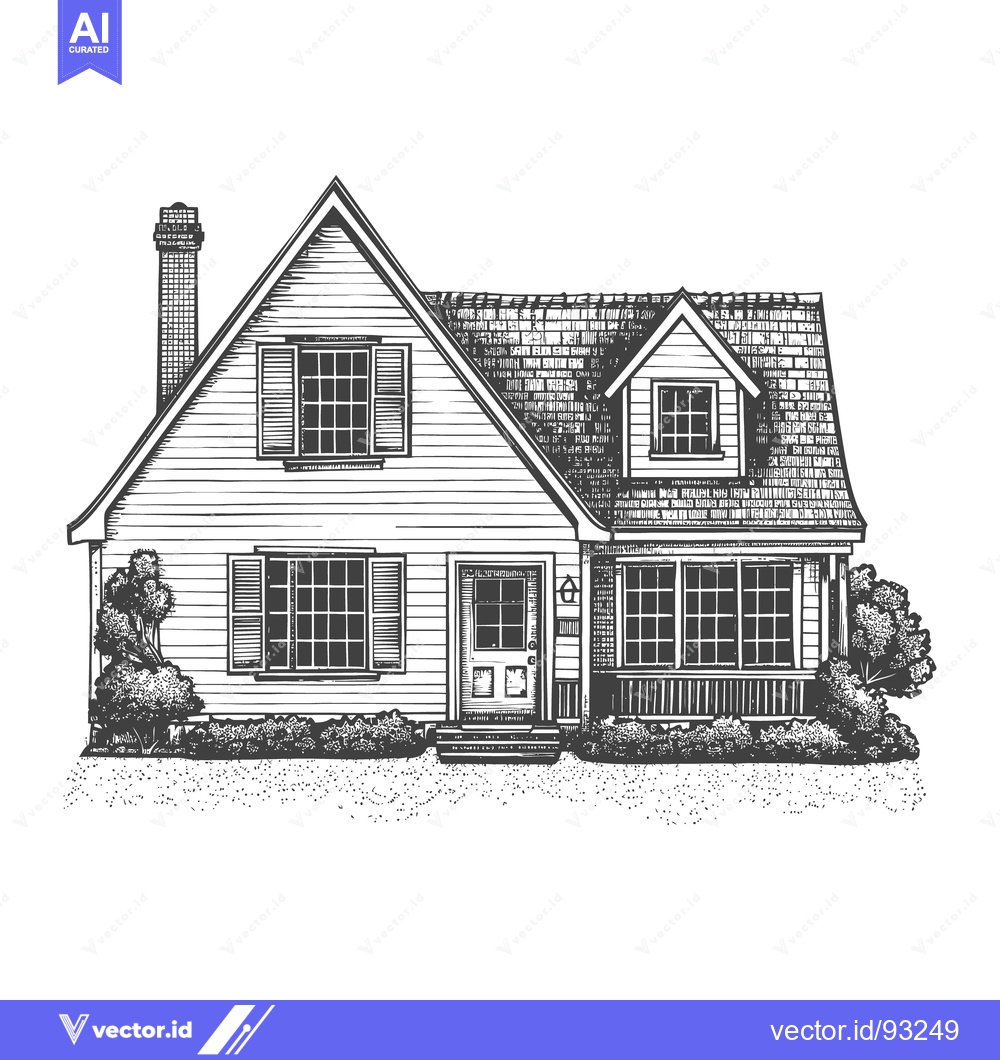 Premium Vector dari A detailed monochrome drawing of a charming residential house facade