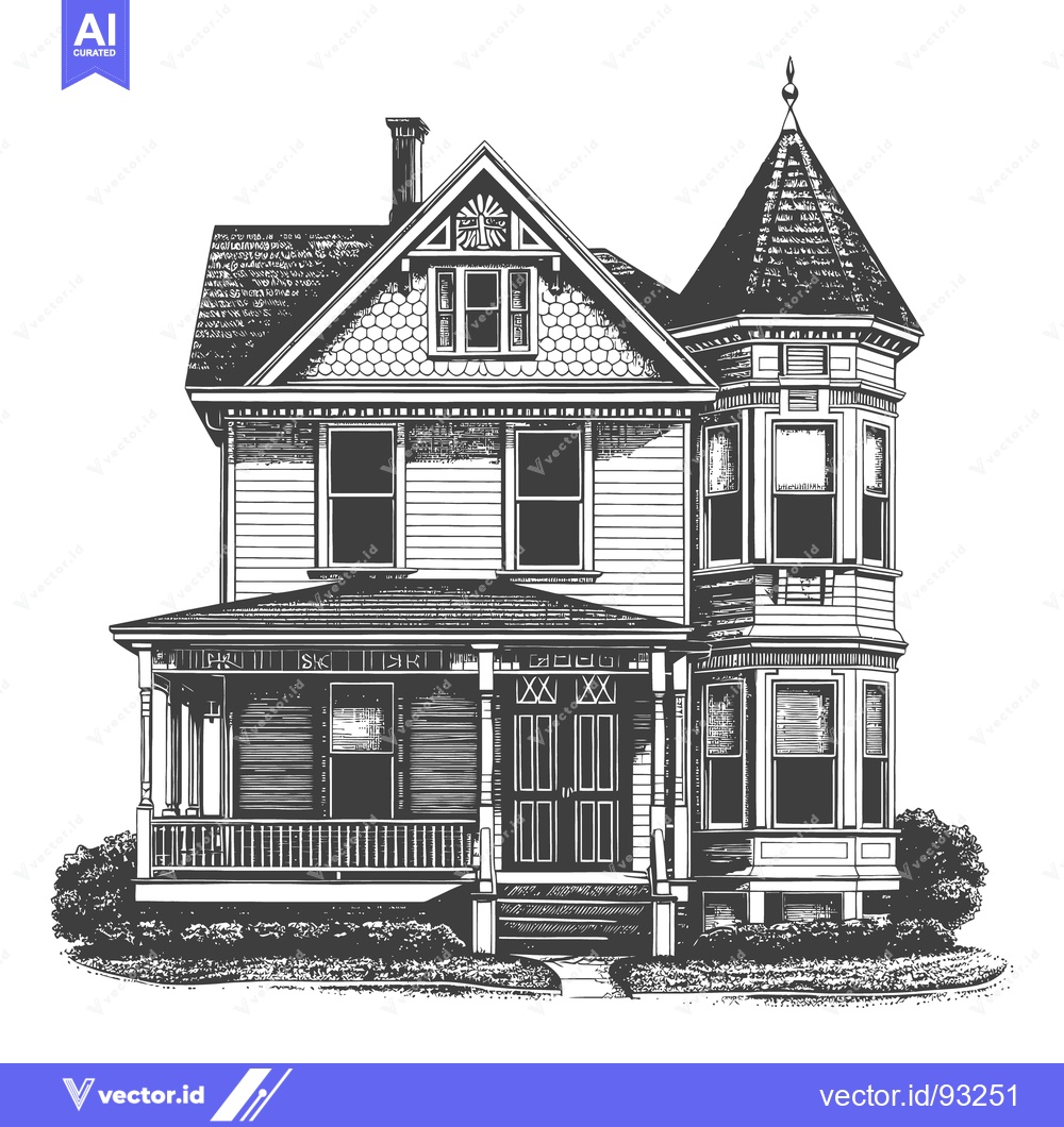 Premium Vector of A Detailed Architectural Illustration Depicting a Victorian Style Home