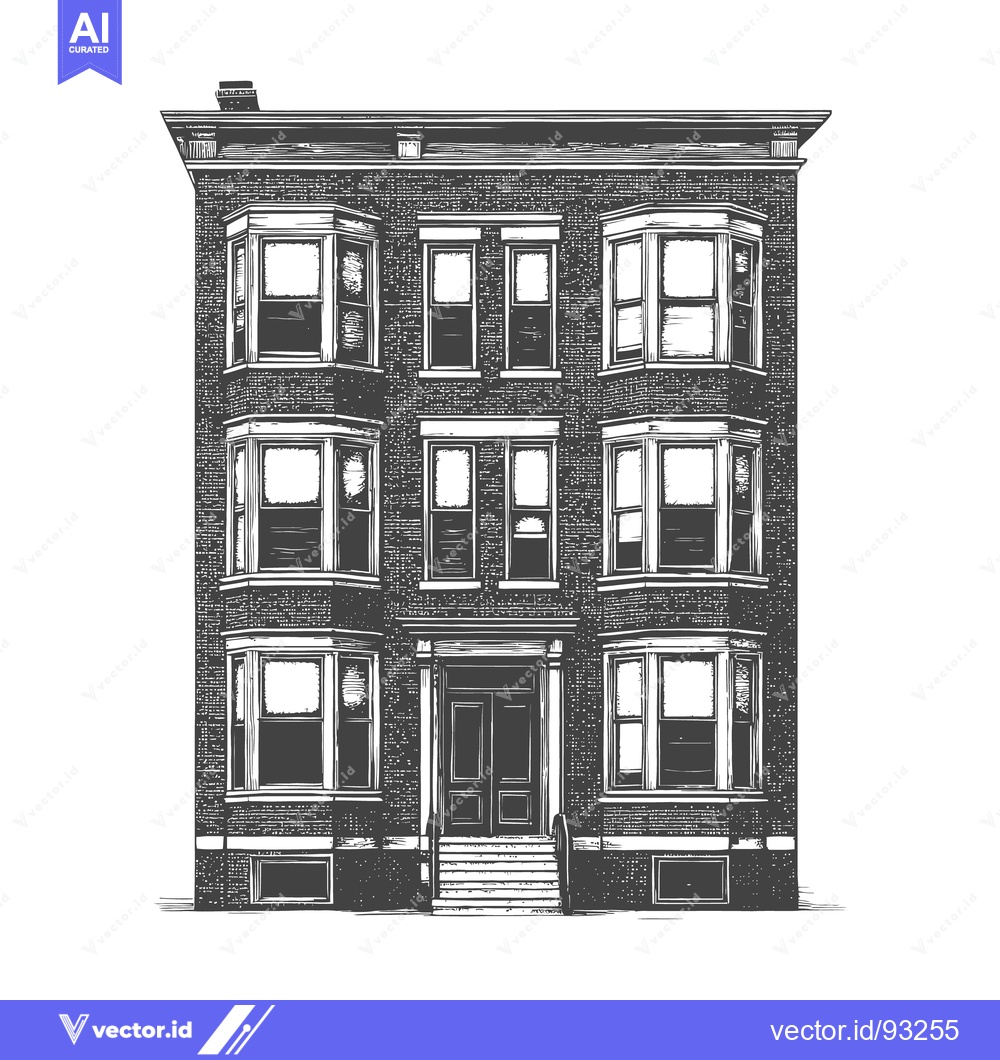 Premium Vector dari Black and white illustration of a classic brick apartment building