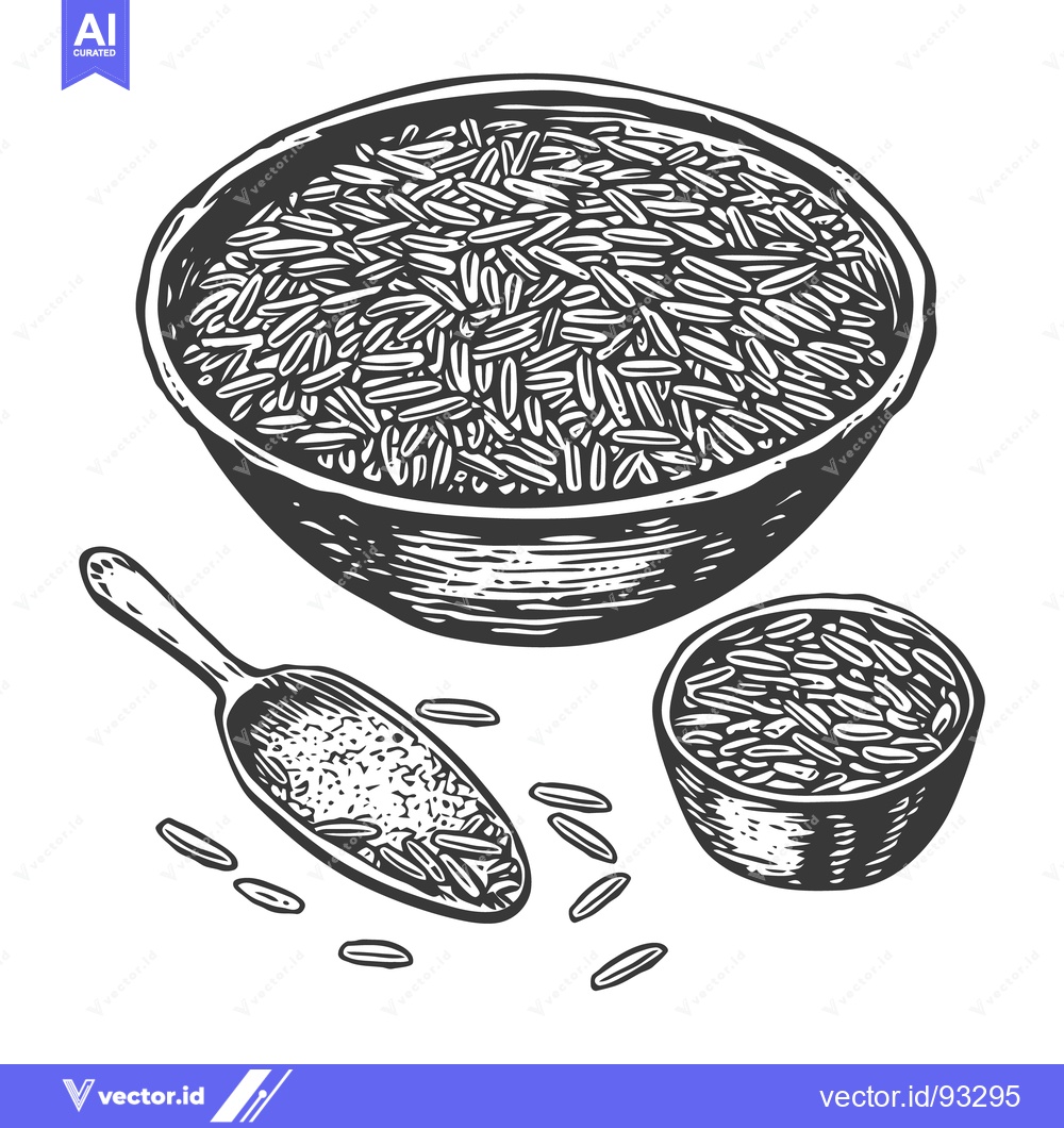 Premium Vector of Illustrated view of rice in wooden bowls and a scoop